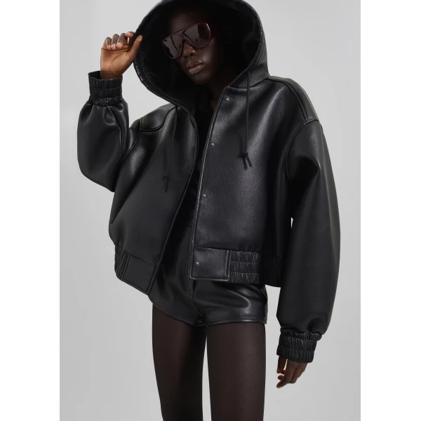The Frankie Shop Jackson Faux Leather Bonded Bomber - Black - Oversized Minimalist Jackets in Black - Shop at Luxury Shoes 