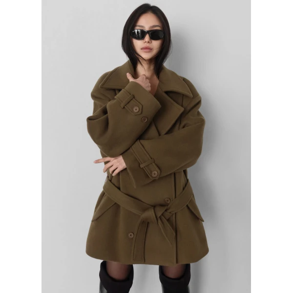 The Frankie Shop Kalmar Wool Peacoat - Pale Olive - Oversized Minimalist Coats in Green - Shop at Luxury Shoes 