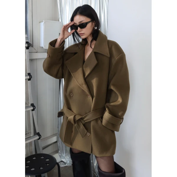 The Frankie Shop Kalmar Wool Peacoat - Pale Olive - Oversized Minimalist Coats in Green - Shop at Luxury Shoes 