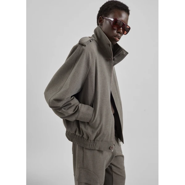 The Frankie Shop Kelly Padded Double Weave Blouson - Taupe Melange - Oversized Minimalist Jackets in Brown - Shop at Luxury Shoes 
