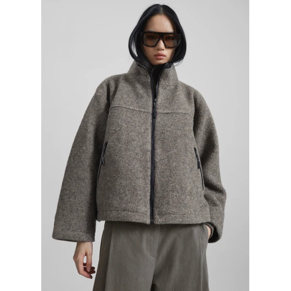 The Frankie Shop Kenei Fleece Zip Jacket - Greige Melange - Oversized Minimalist Jackets in Green - Shop at Luxury Shoes 