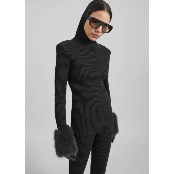 The Frankie Shop Larice Hooded Knit Top - Black - Oversized Minimalist Knitwear in Black - Shop at Luxury Shoes 