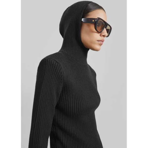 The Frankie Shop Larice Hooded Knit Top - Black - Oversized Minimalist Knitwear in Black - Shop at Luxury Shoes 