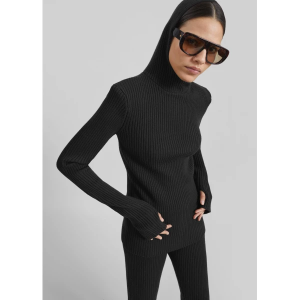 The Frankie Shop Larice Hooded Knit Top - Black - Oversized Minimalist Knitwear in Black - Shop at Luxury Shoes 