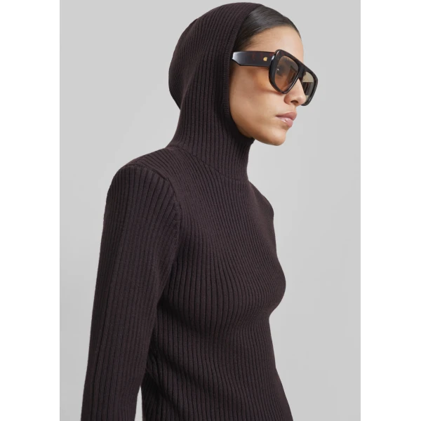 The Frankie Shop Larice Hooded Knit Top - Brown - Oversized Minimalist Knitwear in Brown - Shop at Luxury Shoes 