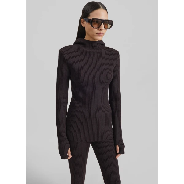 The Frankie Shop Larice Hooded Knit Top - Brown - Oversized Minimalist Knitwear in Brown - Shop at Luxury Shoes 