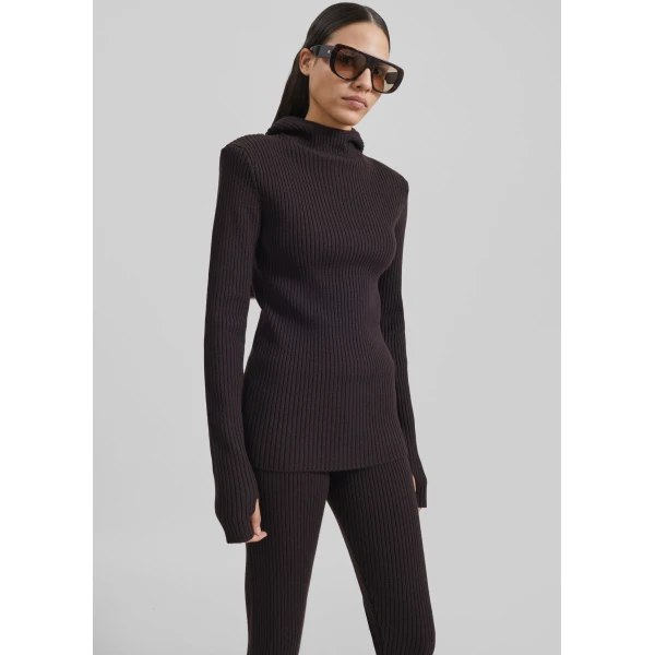 The Frankie Shop Larice Hooded Knit Top - Brown - Oversized Minimalist Knitwear in Brown - Shop at Luxury Shoes 