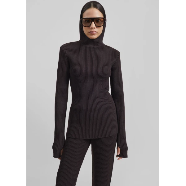 The Frankie Shop Larice Hooded Knit Top - Brown - Oversized Minimalist Knitwear in Brown - Shop at Luxury Shoes 