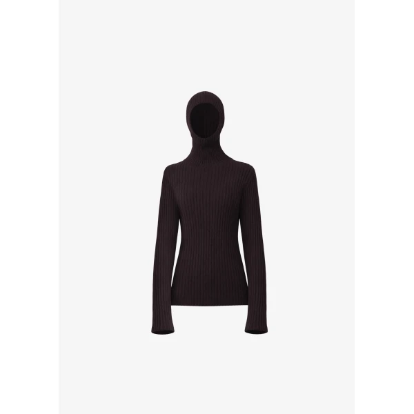 The Frankie Shop Larice Hooded Knit Top - Brown - Oversized Minimalist Knitwear in Brown - Shop at Luxury Shoes 