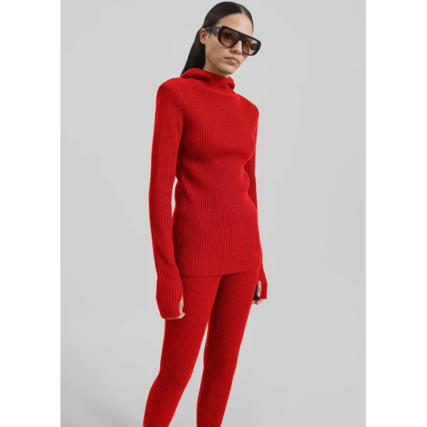 The Frankie Shop Larice Hooded Knit Top - Red - Oversized Minimalist Knitwear in Red - Shop at Luxury Shoes 