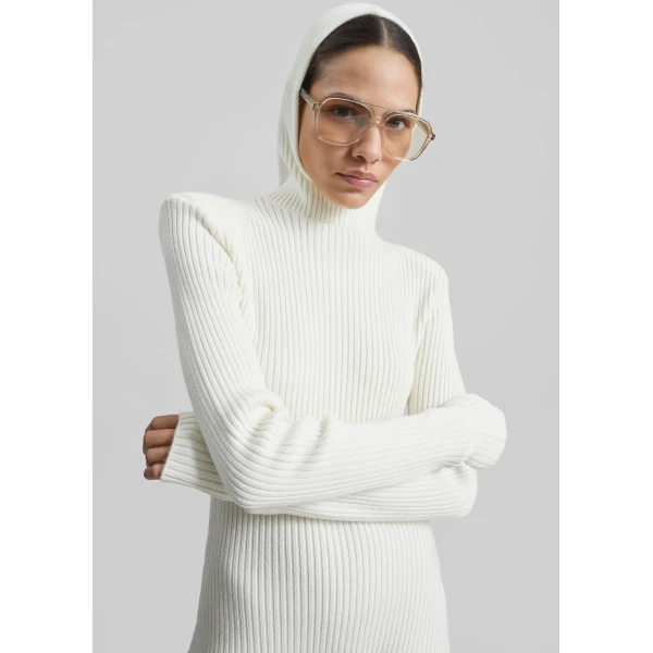 The Frankie Shop Larice Hooded Knit Top - White - Oversized Minimalist Knitwear in White - Shop at Luxury Shoes 