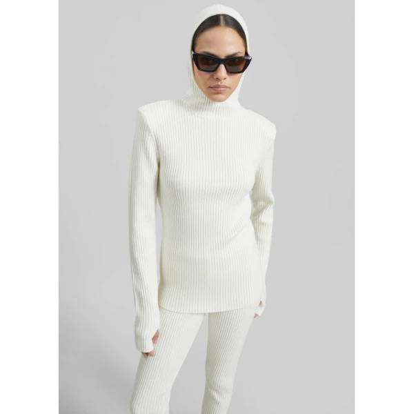 The Frankie Shop Larice Hooded Knit Top - White - Oversized Minimalist Knitwear in White - Shop at Luxury Shoes 