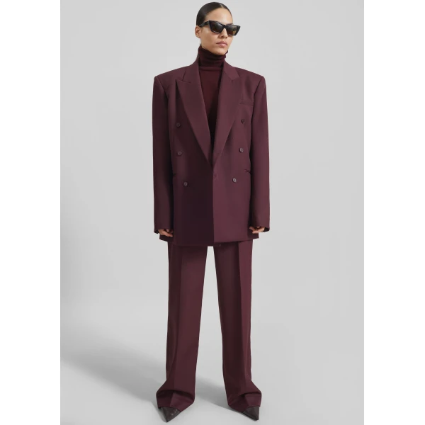The Frankie Shop Lenora Wool Straight Trousers - Burgundy - Oversized Minimalist Pants in Red - Shop at Luxury Shoes 