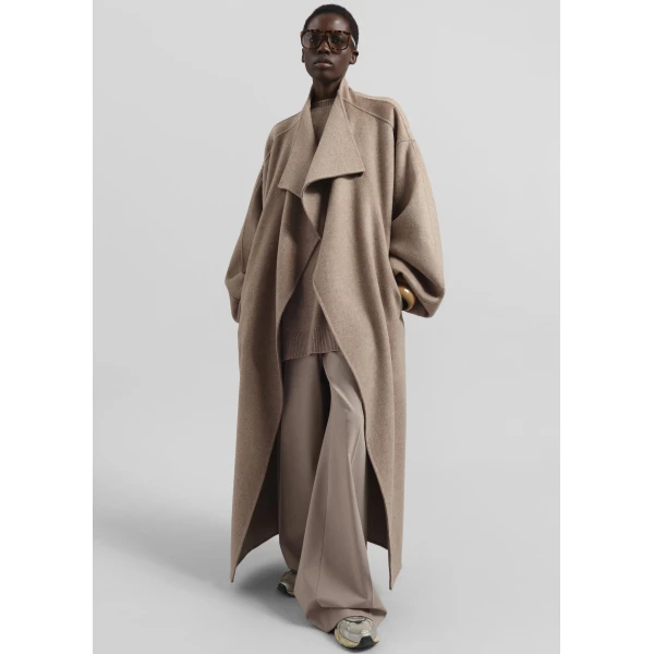 The Frankie Shop Leroy Funnel Neck Wool Coat - Taupe Melange - Oversized Minimalist Coats in Brown - Shop at Luxury Shoes 
