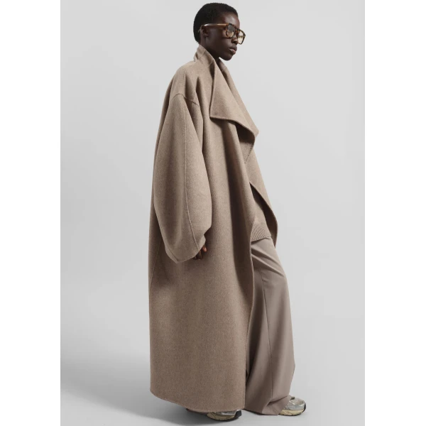 The Frankie Shop Leroy Funnel Neck Wool Coat - Taupe Melange - Oversized Minimalist Coats in Brown - Shop at Luxury Shoes 
