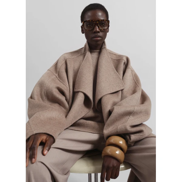 The Frankie Shop Leroy Funnel Neck Wool Coat - Taupe Melange - Oversized Minimalist Coats in Brown - Shop at Luxury Shoes 
