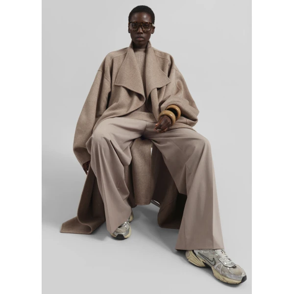 The Frankie Shop Leroy Funnel Neck Wool Coat - Taupe Melange - Oversized Minimalist Coats in Brown - Shop at Luxury Shoes 