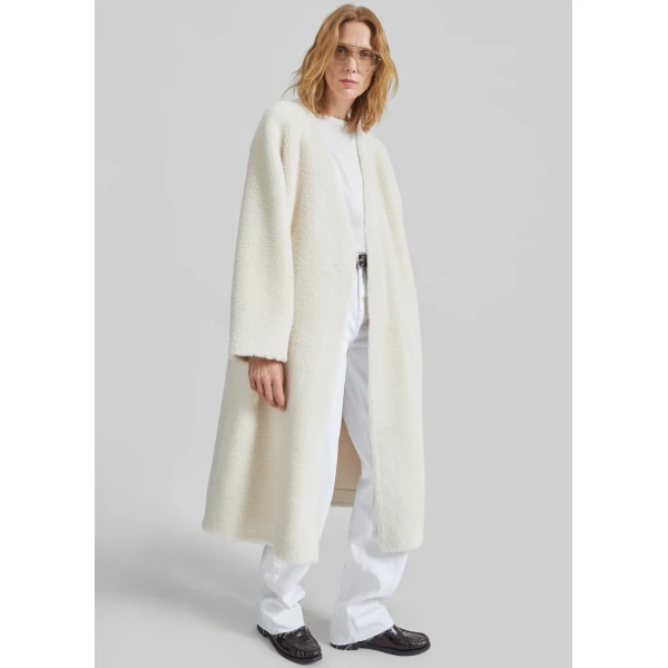 The Frankie Shop Livigno Faux Shearling Coat - Ivory - Oversized Minimalist Coats in Ivory - Shop at Luxury Shoes 