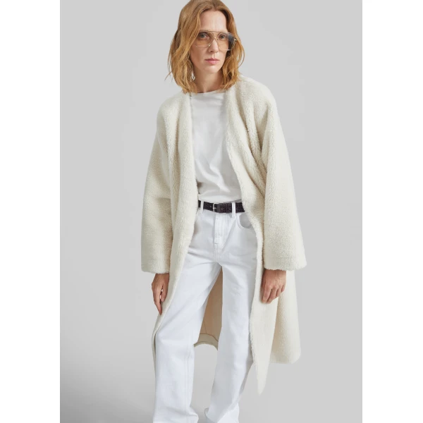 The Frankie Shop Livigno Faux Shearling Coat - Ivory - Oversized Minimalist Coats in Ivory - Shop at Luxury Shoes 
