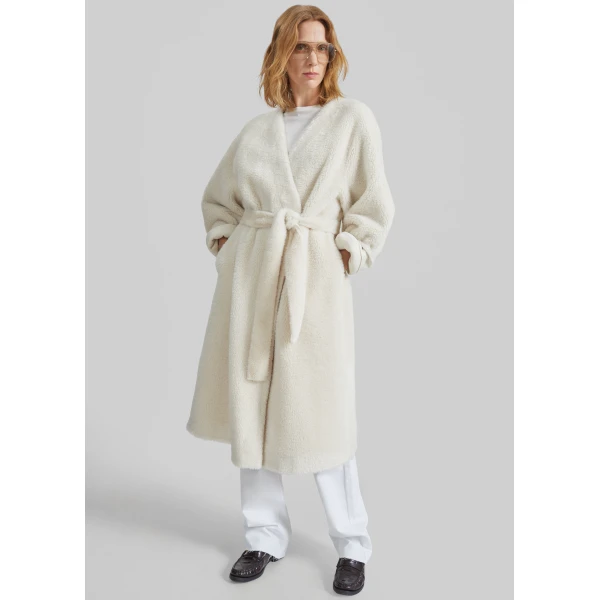 The Frankie Shop Livigno Faux Shearling Coat - Ivory - Oversized Minimalist Coats in Ivory - Shop at Luxury Shoes 