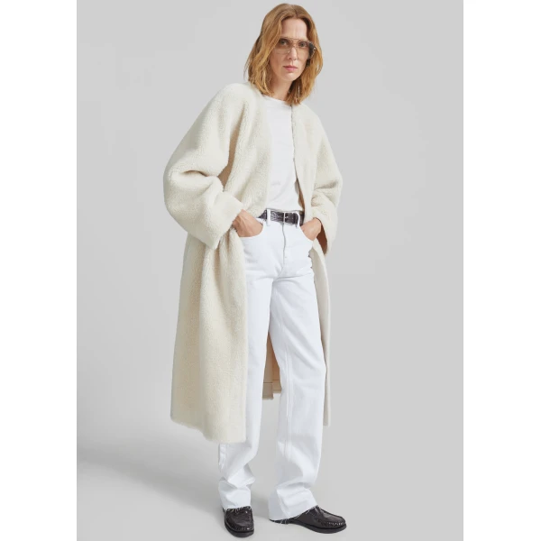The Frankie Shop Livigno Faux Shearling Coat - Ivory - Oversized Minimalist Coats in Ivory - Shop at Luxury Shoes 