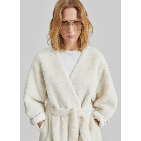 The Frankie Shop Livigno Faux Shearling Coat - Ivory - Oversized Minimalist Coats in Ivory - Shop at Luxury Shoes 