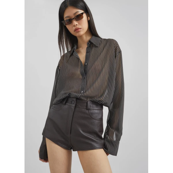 The Frankie Shop Loen Leather Hot Pants - Vintage Brown - Oversized Minimalist Shorts in Brown - Shop at Luxury Shoes 