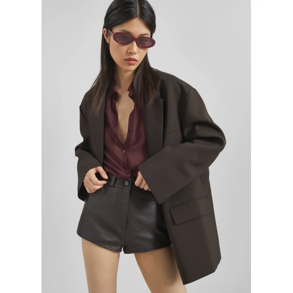 The Frankie Shop Loen Leather Hot Pants - Vintage Brown - Oversized Minimalist Shorts in Brown - Shop at Luxury Shoes 