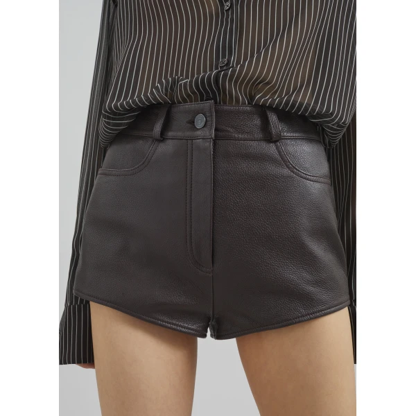 The Frankie Shop Loen Leather Hot Pants - Vintage Brown - Oversized Minimalist Shorts in Brown - Shop at Luxury Shoes 