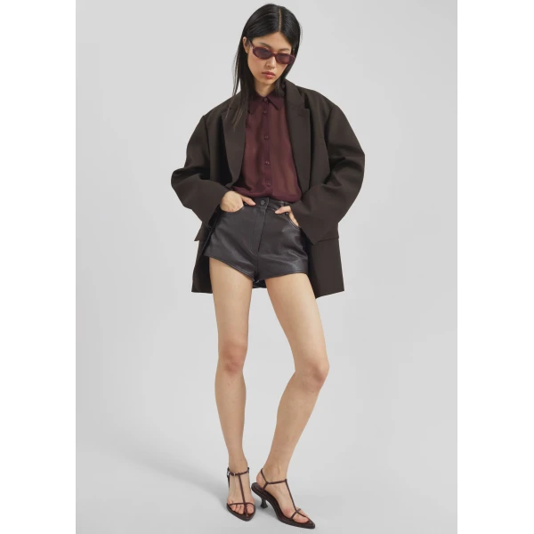 The Frankie Shop Loen Leather Hot Pants - Vintage Brown - Oversized Minimalist Shorts in Brown - Shop at Luxury Shoes 