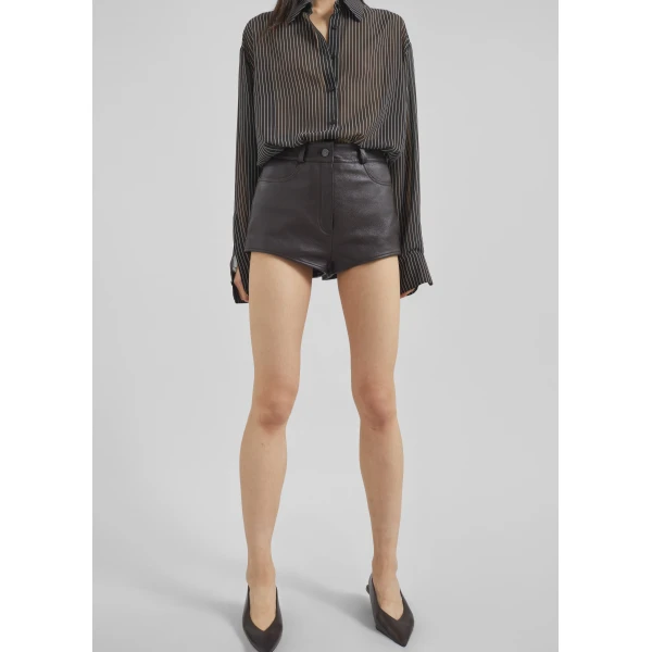 The Frankie Shop Loen Leather Hot Pants - Vintage Brown - Oversized Minimalist Shorts in Brown - Shop at Luxury Shoes 
