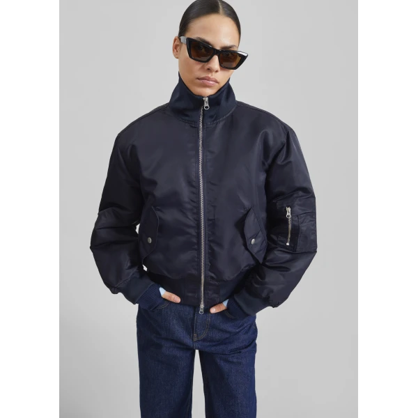 The Frankie Shop Maloy Cropped Bomber Jacket - Navy - Oversized Minimalist Jackets in Blue - Shop at Luxury Shoes 