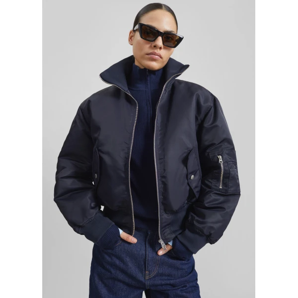 The Frankie Shop Maloy Cropped Bomber Jacket - Navy - Oversized Minimalist Jackets in Blue - Shop at Luxury Shoes 