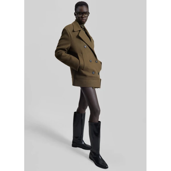 The Frankie Shop Manali Belted Peacoat - Olive Brown - Oversized Minimalist Coats in Green - Shop at Luxury Shoes 