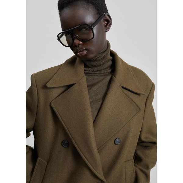 The Frankie Shop Manali Belted Peacoat - Olive Brown - Oversized Minimalist Coats in Green - Shop at Luxury Shoes 