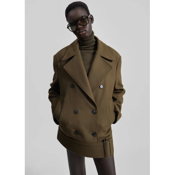 The Frankie Shop Manali Belted Peacoat - Olive Brown - Oversized Minimalist Coats in Green - Shop at Luxury Shoes 