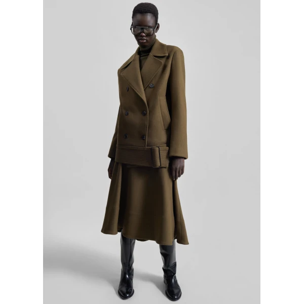 The Frankie Shop Manali Belted Peacoat - Olive Brown - Oversized Minimalist Coats in Green - Shop at Luxury Shoes 