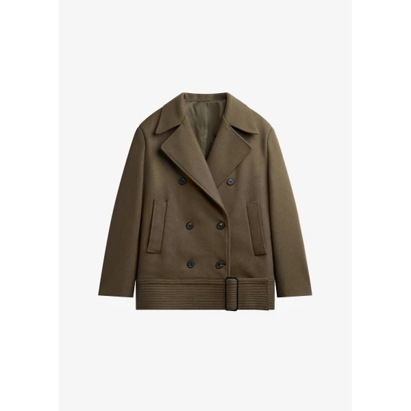 The Frankie Shop Manali Belted Peacoat - Olive Brown - Oversized Minimalist Coats in Green - Shop at Luxury Shoes 