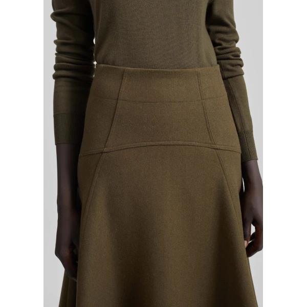 The Frankie Shop Manali Flared Midi Skirt - Olive Brown - Oversized Minimalist Skirts in Green - Shop at Luxury Shoes 