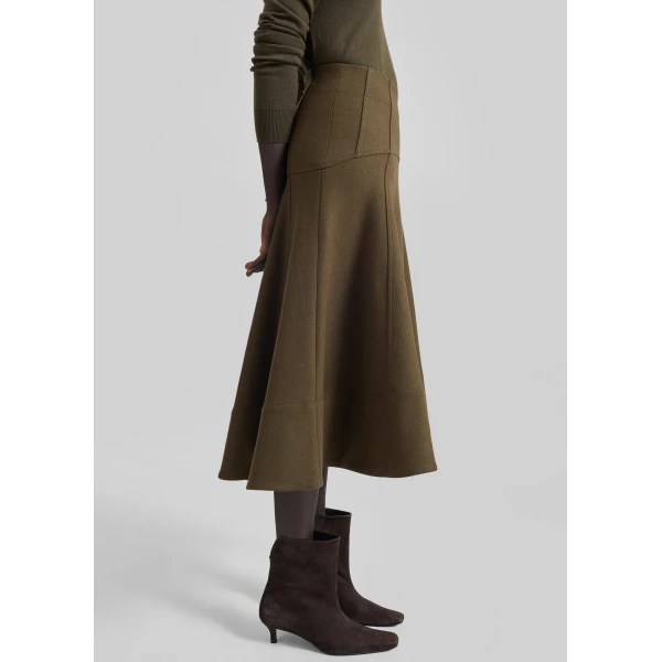 The Frankie Shop Manali Flared Midi Skirt - Olive Brown - Oversized Minimalist Skirts in Green - Shop at Luxury Shoes 