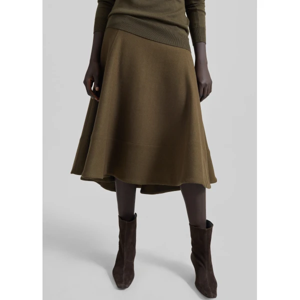 The Frankie Shop Manali Flared Midi Skirt - Olive Brown - Oversized Minimalist Skirts in Green - Shop at Luxury Shoes 