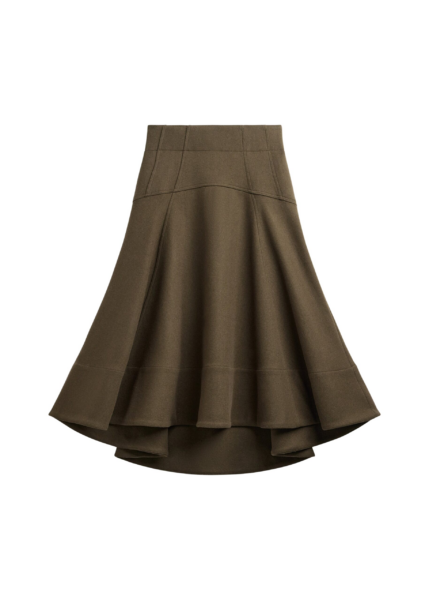 The Frankie Shop Manali Flared Midi Skirt - Olive Brown - Oversized Minimalist Skirts in Green - Shop at Luxury Shoes 