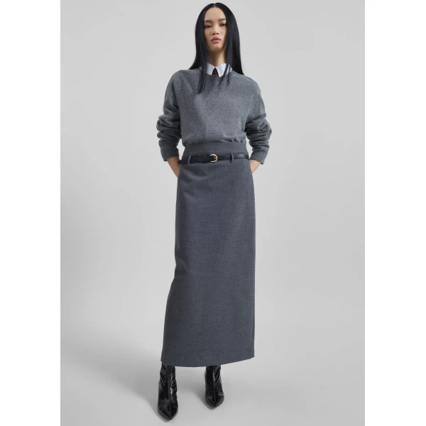 The Frankie Shop Mauvilly Belted Pencil Skirt - Grey - Oversized Minimalist Skirts in Grey - Shop at Luxury Shoes 