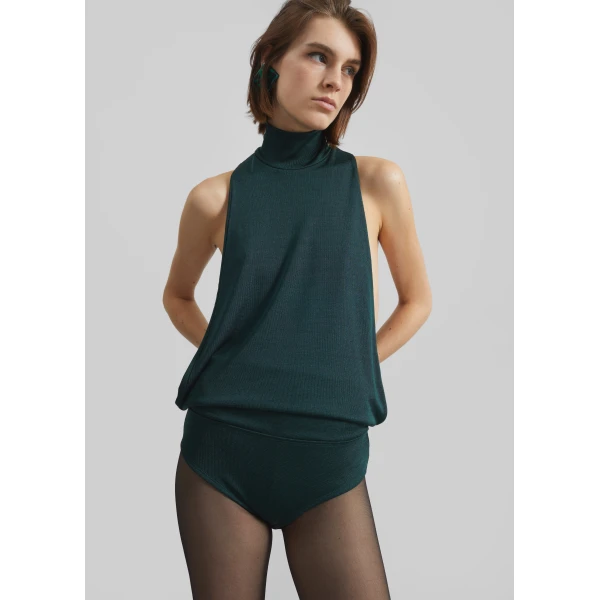 The Frankie Shop Maxen Mock Neck Bodysuit - Deep Green - Oversized Minimalist Knitwear in Green - Shop at Luxury Shoes 