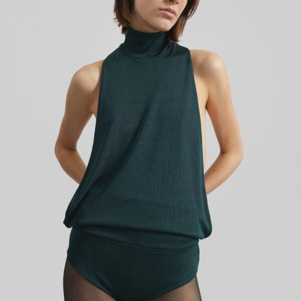 The Frankie Shop Maxen Mock Neck Bodysuit – Deep Green, view 3