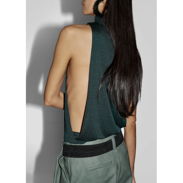 The Frankie Shop Maxen Mock Neck Bodysuit - Deep Green - Oversized Minimalist Knitwear in Green - Shop at Luxury Shoes 