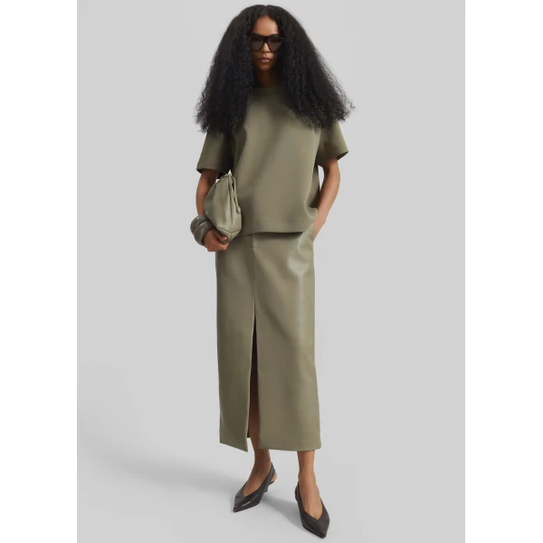 The Frankie Shop Maybelle Faux Leather Front Slit Pencil Skirt - Sage - Oversized Minimalist Skirts in Green - Shop at Luxury Shoes 