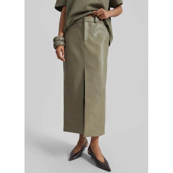 The Frankie Shop Maybelle Faux Leather Front Slit Pencil Skirt - Sage - Oversized Minimalist Skirts in Green - Shop at Luxury Shoes 