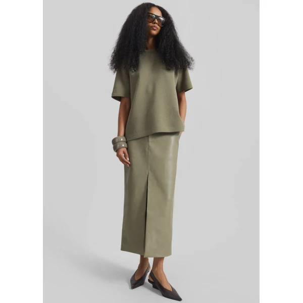 The Frankie Shop Maybelle Faux Leather Front Slit Pencil Skirt - Sage - Oversized Minimalist Skirts in Green - Shop at Luxury Shoes 