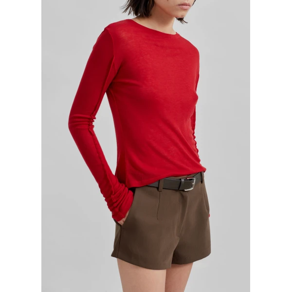 The Frankie Shop Mesa Sheer Long Sleeve Tee - Red - Oversized Minimalist Tops in Red - Shop at Luxury Shoes 